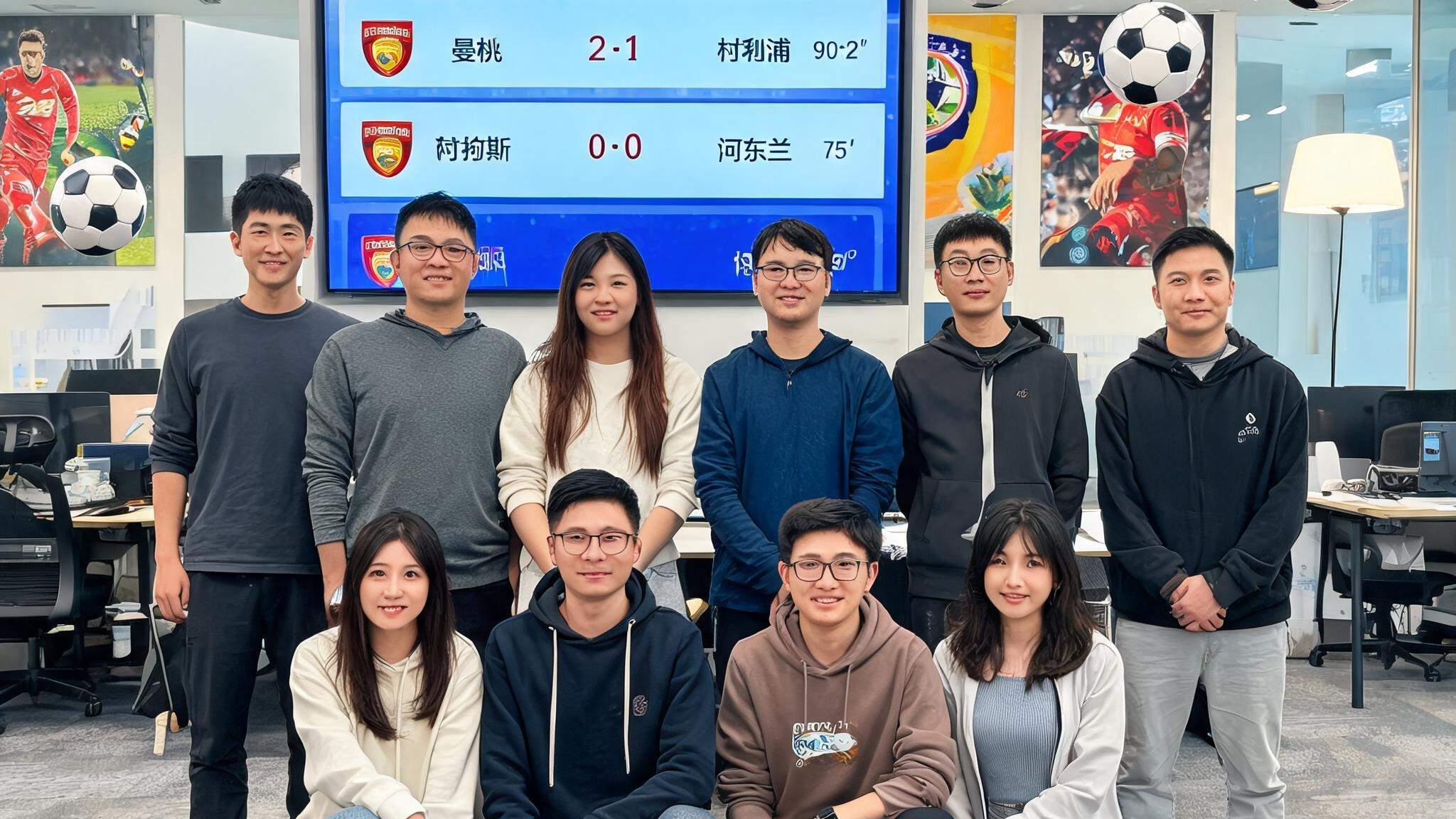 球探比分007团队在广州办公室的合照，团队成员穿着休闲，背景有足球元素和大屏幕数据