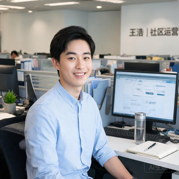 社区运营王浩，年轻男性，微笑，背景是办公环境