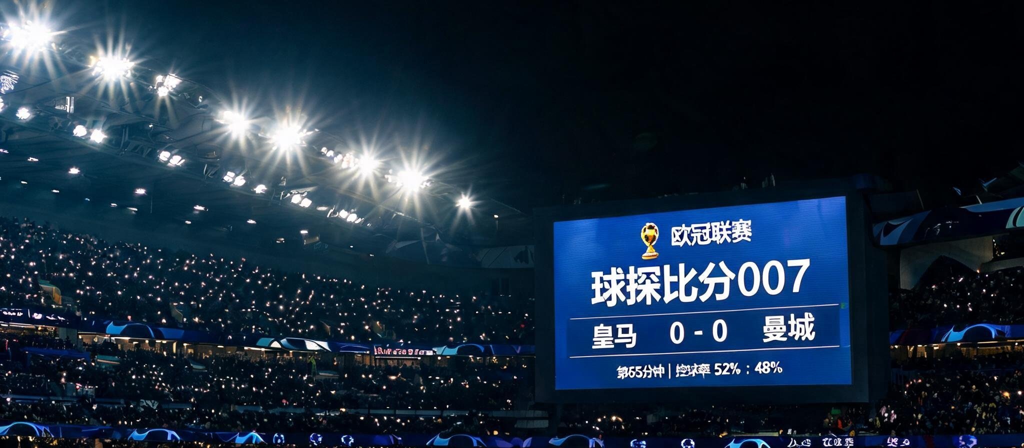欧冠比赛日夜晚，球场灯光璀璨，大屏幕上显示球探比分007实时数据